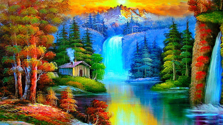 Stuga vid floden, vattenfall nära mellan träd och husmålning, natur, flod, vattenfall, målning, stuga, löv, vacker, träd, hus, berg, skog, skog, HD tapet
