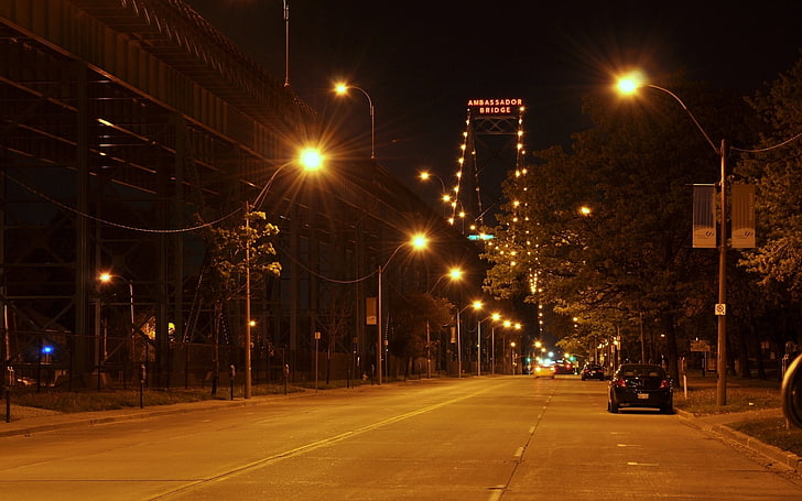 gray asphalt road, machine, night, the city, lights, street, the evening, lighting, the Ambassador bridge, Ambassador Bridge, HD wallpaper