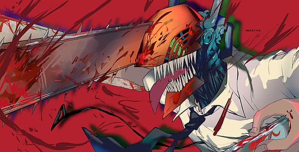 Человек с бензопилой, Денджи (Человек с бензопилой), бензопилы, кровь, окровавленное тело, красный фон, HD обои HD wallpaper