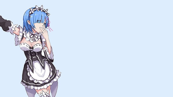 青い髪の女性アニメキャラクター、Re：ゼロからはじめる伊勢海生活、レム（Re：ゼロ）、メイド服、アニメの女の子、喫煙、 HDデスクトップの壁紙