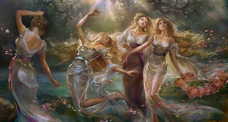 cuatro mujeres vestidas con vestidos blancos pintura, arte de fantasía, obras de arte, pintura, rubia, cabello largo, ropa transparente, flores, viento, luz solar, hermanas, Fondo de pantalla HD