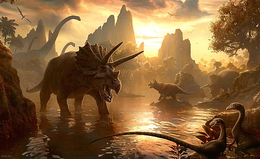 ilustrasi berbagai macam dinosaurus, Hewan, Dinosaurus, Brachiosaurus, Triceratops, Wallpaper HD HD wallpaper