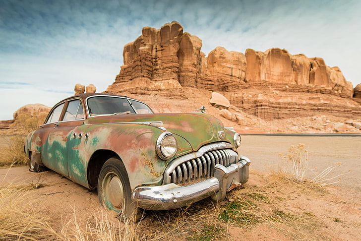 car, wreck, rock formation, desert, HD wallpaper
