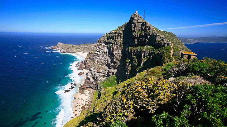 崖、ケープ半島、南アフリカ、ケープポイント、喜望峰、クリッペ、青い空、半島、観光、海岸、灯台、空、観光名所、山の風景、海、岬、岬、岬、 HDデスクトップの壁紙