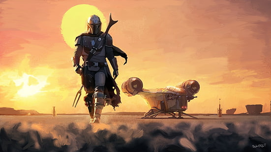 Mandalorianin, Gwiezdne Wojny, statek kosmiczny, Tatooine, pustynia, sztuka cyfrowa, grafika, Tapety HD HD wallpaper
