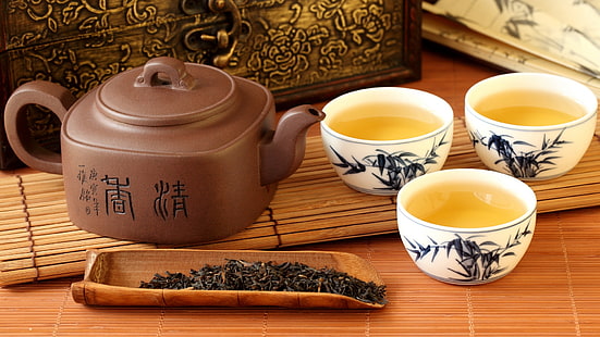brown teapot, tea, cups, drink, HD wallpaper HD wallpaper