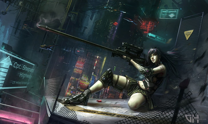 woman with rifle digital wallpaper, futuristic, sniper rifle, HD wallpaper