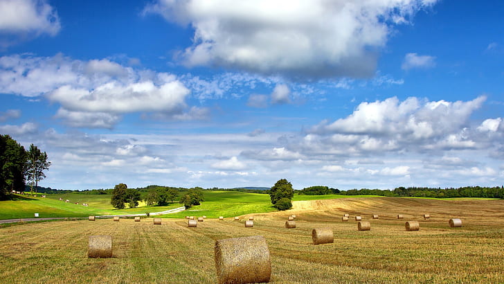 Farm field nature landscape, hay, summer, cloudy sky, Farm, Field, Nature, Landscape, Hay, Summer, Cloudy, Sky, HD wallpaper