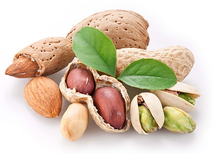 brown nuts, peanuts, pistachios, nuts, leaves, white background, HD wallpaper HD wallpaper