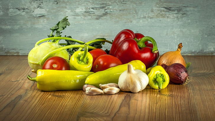 agriculture, colors, colours, cook, food, garlic, grow, health, healthy, ingredients, kohlrabi, market, nutrition, onion, onions, paprika, pasture, pepper, pimento, still life, tomatoes, vegetables, vitamins, HD wallpaper