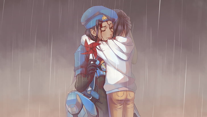 homem e menino abraçando sob a ilustração da chuva, videogames, Ana (Overwatch), chuva, HD papel de parede