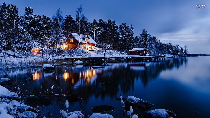 오두막, 집, 노르웨이, 자연, 호수, 겨울, 풍경, HD 배경 화면