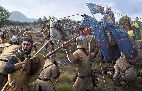 cavaleiros na ilustração de guerra, armas, cavalo, espada, guerra, arte, lança, batalha, o cadáver, a idade média, campo de batalha, HD papel de parede HD wallpaper