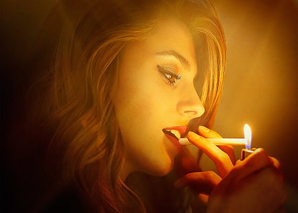 женщины, курение, рыжий, карие глаза, кавказец, сигареты, зажигалка, профиль, HD обои HD wallpaper