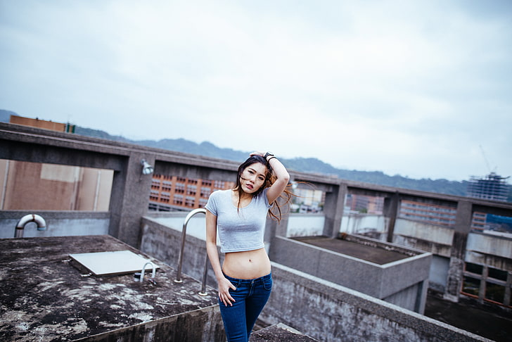 Asia, wanita, model, atap, perut, crop top, perut bagian tengah, Wallpaper HD