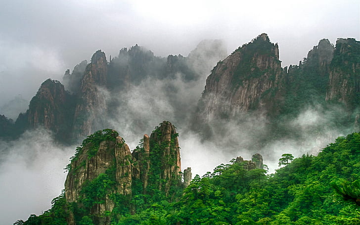 安hu省南部と中国東部の黄山山脈シャープピンクピークパインツリーミスト蒸発風景自然壁紙Hd 3840×2400、 HDデスクトップの壁紙