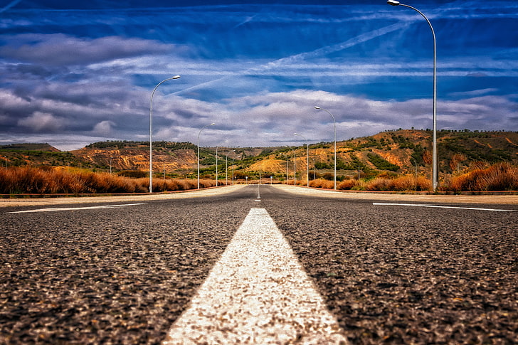 grey asphalt road, road, asphalt, marking, mountains, direction, HD wallpaper