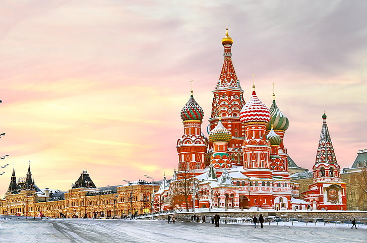 Katedra św. Bazylego, Moskwa, zima, śnieg, miasto, rejon, Moskwa, Kreml, Cerkiew Wasyla Błogosławionego, Rosja, Kreml, Tapety HD