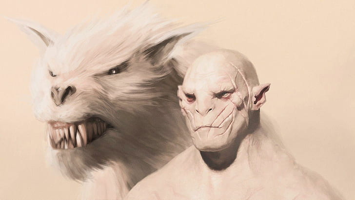 Azog the Defiler - The Hobbit, man with pointed ears beside white wolf painting, digital art, 1920x1080, the lord of rings, lotr, the hobbit, azog the defiler, HD wallpaper