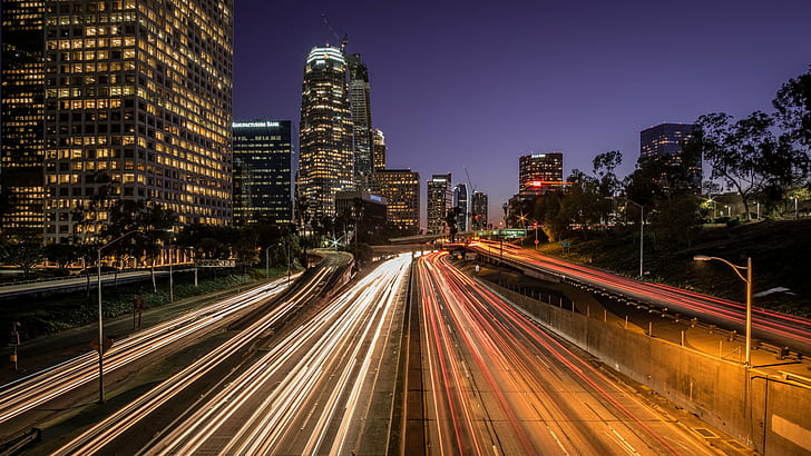 view of buildings with road during night time, highway 110, los angeles, highway 110, los angeles, Highway 110, Los Angeles, United States, photography, view, buildings, road, night time, photo, fuji, sunset, bank, trails, fujifilm, long exposure, urban, cars, highway, motion  photography, sky, rokinon, usa, architecture, geotagged, California, portfolio, night, traffic, urban Scene, cityscape, transportation, street, speed, downtown District, city, dusk, skyscraper, urban Skyline, illuminated, blurred Motion, city Life, travel, car, built Structure, modern, building Exterior, office Building, HD wallpaper