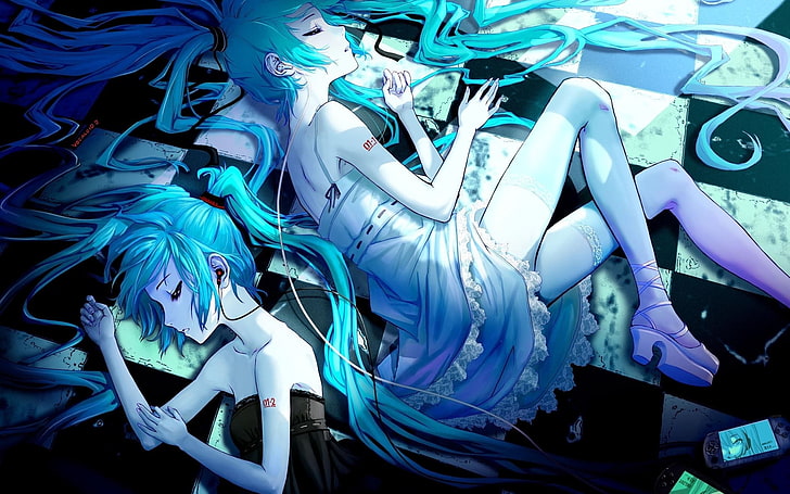 two female character illustration, hatsune miku, girl, pose, headphones, sadness, HD wallpaper