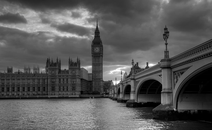London i svartvitt, Westminster Palace gråskalafotografering, svartvitt, vitt, svart, London, HD tapet