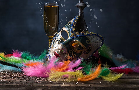 feste bere maschere veneziane piume maschera, feste, bere, maschere veneziane, piume, maschera, Sfondo HD HD wallpaper