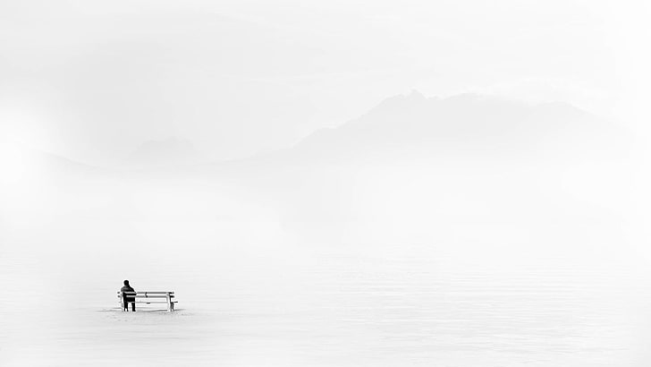 Alone, bench, landscape, men, minimalism, mountain, nature, Rear View, Sillhouette, sitting, snow, White Background, winter, HD wallpaper