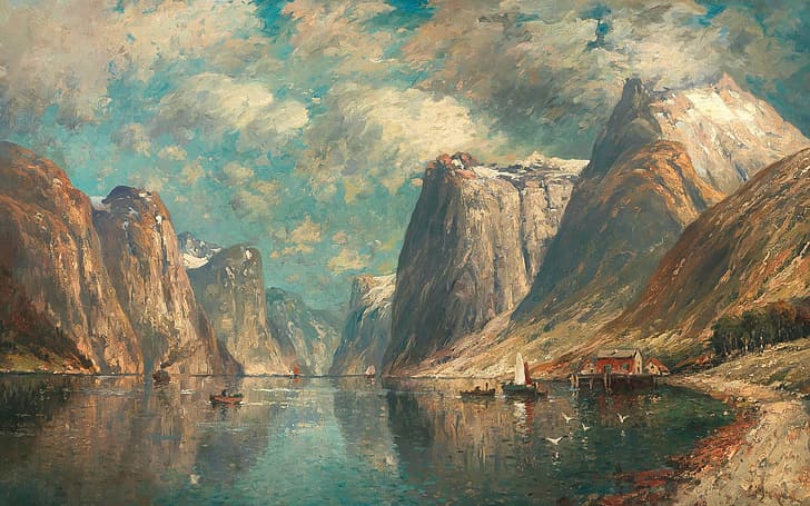 Österreichischer Maler, Öl auf Leinwand, Adolf Kaufmann, Die Landschaft des Fjords, Fjordlandschaft, HD-Hintergrundbild