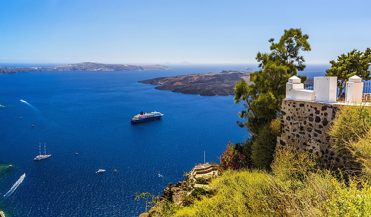 sea, coast, yachts, Greece, horizon, panorama, liner, the view from the top, Santorini, cruise, HD wallpaper