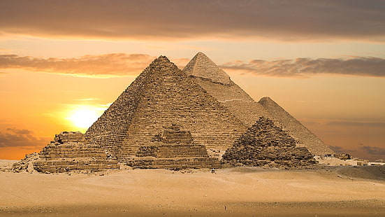 Пирамида в Гиза, Египет, Египет, пирамиди, пясък, залез, HD тапет HD wallpaper