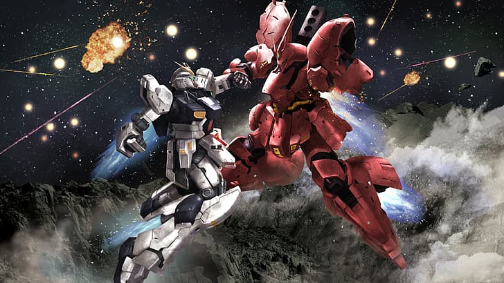 Anime, Mechs, Gundam, Mobile Suit, Mobile Suit Gundam Char's Counterattack, Super Robot Wars, RX-93 v Gundam, Sazabi, Kunstwerke, digitale Kunst, Fankunst, HD-Hintergrundbild
