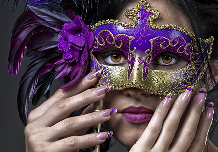 女性の金色と紫の仮面舞踏会、女の子、羽、マスク、爪、マニキュア、 HDデスクトップの壁紙 HD wallpaper
