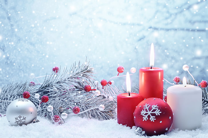 three red and white pillar candles, winter, snow, toys, New Year, Christmas, decoration, Merry, HD wallpaper