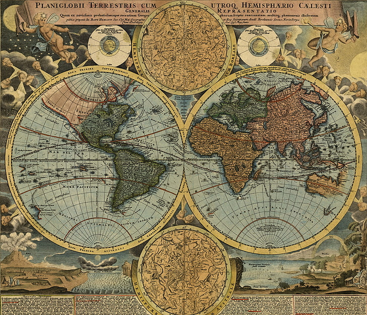 peta dunia vintage, perjalanan, peta dunia, geografi, 1716, Johann Baptist Homann, Wallpaper HD