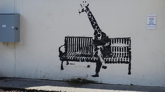 jerapah duduk di bangku seni dinding, karya seni, hewan, grafiti, dinding, Banksy, bangku, duduk, kaki, jerapah, bayangan, seni jalanan, Wallpaper HD HD wallpaper