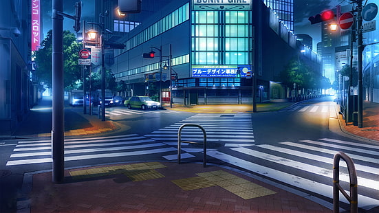 maszyna, noc, światła, Japonia, sygnalizacja świetlna, skrzyżowanie, przejście, znaki, opuszczone miasto, znaki drogowe, Tapety HD HD wallpaper
