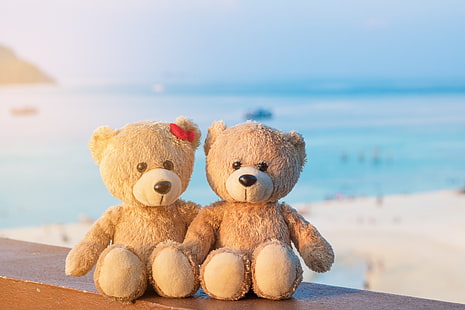 pasir, laut, pantai, cinta, mainan, beruang, pasangan, dua, romantis, pasangan, teddy, imut, Wallpaper HD HD wallpaper