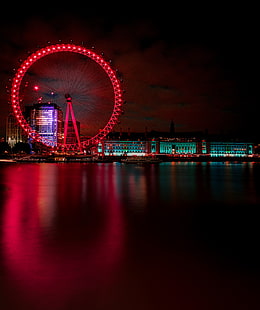 червено виенско колело, виенско колело, нощен град, Лондон, Великобритания, HD тапет HD wallpaper