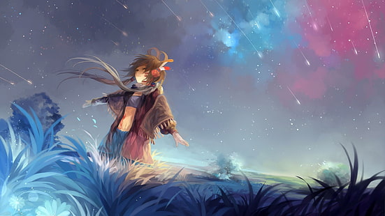 weibliche Anime-Figur, umgeben von Gras digitale Tapete, Kinder, Himmel, Kopfhörer, Musik, Universum, Sterne, Vocaloid, HD-Hintergrundbild HD wallpaper