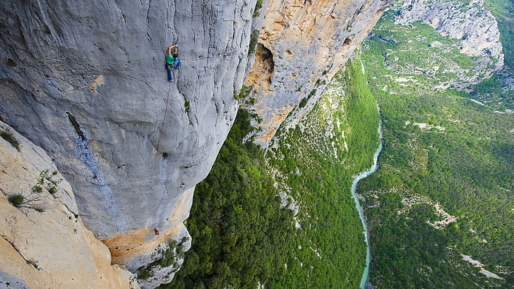 person's green shirt, climbing, canyon, rock climbing, bird's eye view, heights, sport, sports, HD wallpaper