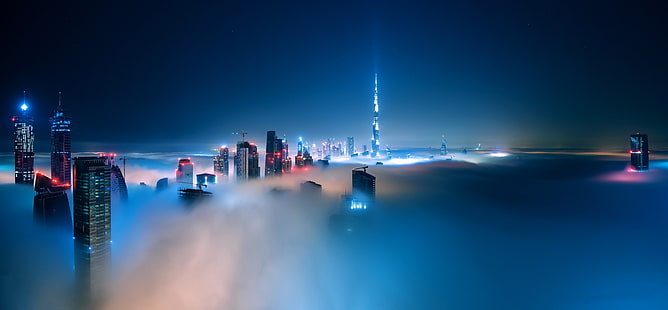المباني الشاهقة ، المدينة ، المبنى ، سيتي سكيب ، الضباب ، دبي ، برج خليفة ، ناطحة سحاب ، الغيوم ، الليل، خلفية HD HD wallpaper