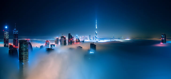 градски пейзаж, мъгла, нощ, облаци, сграда, Дубай, небостъргач, Бурж Халифа, град, HD тапет