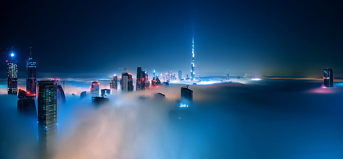 градски пейзаж, мъгла, нощ, облаци, сграда, Дубай, небостъргач, Бурж Халифа, град, HD тапет HD wallpaper