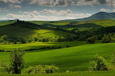 green field wallpaper, greens, grass, clouds, trees, hills, field, Italy, meadows, Tuscany, HD wallpaper HD wallpaper