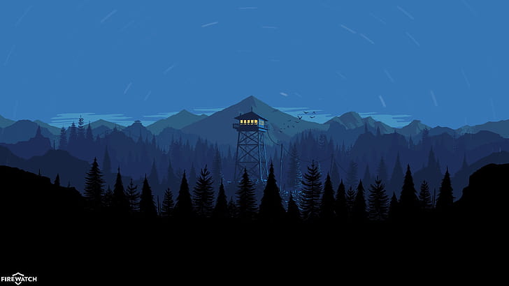 Mountains, Night, The game, Forest, View, Birds, Hills, Landscape, Tower, Campo Santo, Firewatch, Fire watch, HD wallpaper
