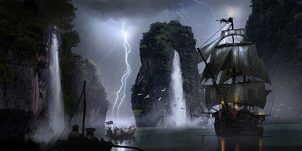 brown galleon ship wallpaper, lightning, boat, ship, waterfall, art, sails, pirates, HD wallpaper HD wallpaper
