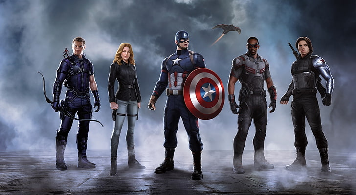 Команда Капитана Америки Гражданской войны, Marvel Captain America, Черная Вдова, Соколиный Глаз, Баки и Сокол, Фильмы, Капитан Америка, капитан, Америка, гражданская война, HD обои