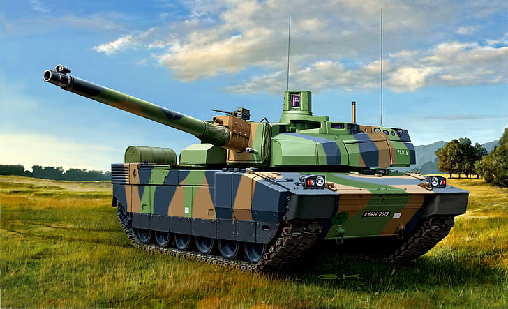 green and brown battle tank, art, artist, tank, armor, polygon, guns, exercises, caliber, MBT, French, 62 mm, 120 mm, 7 mm, anti-aircraft, steel, G. Klawek., Leclerc, cannon-proof, course, amx-56, ceramic, Kevlar, combined, HD wallpaper