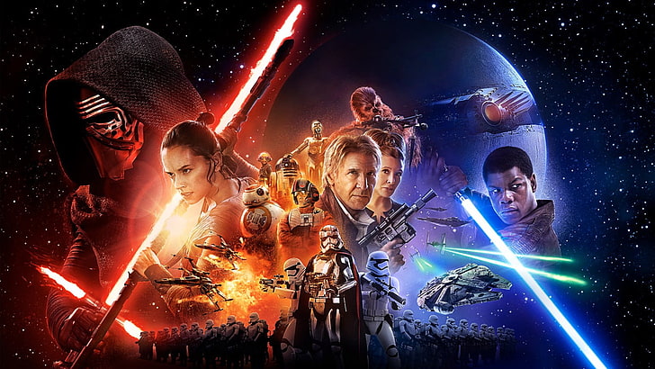 Цифров тапет на Star Wars епизод 7, Star Wars: The Force Awakens, Star Wars, Kylo Ren, Han Solo, Captain Phasma, stormtrooper, Chewbacca, C-3PO, R2-D2, Poe Dameron, BB-8, светлинен меч, филмов плакат, Рей, HD тапет